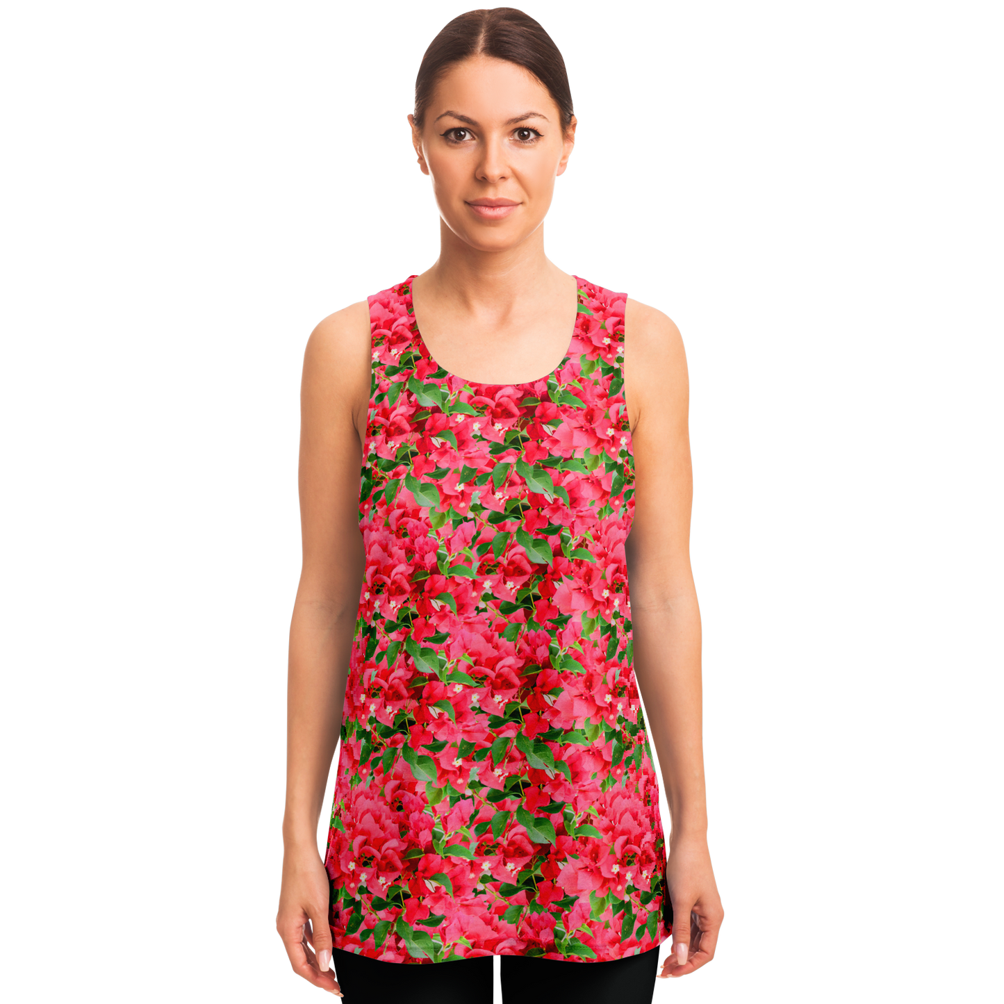 Front view of woman modeling Tropical Bloom Tank Top with vivid floral print