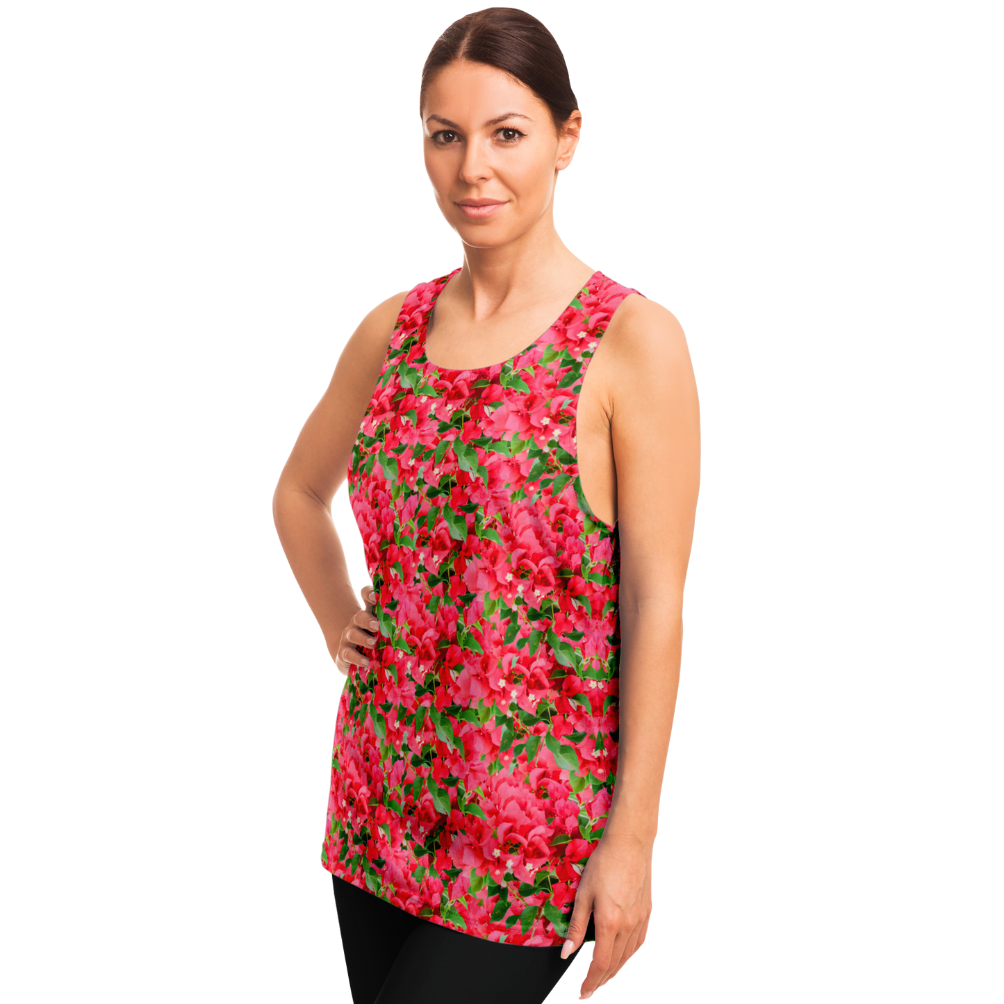Side profile of female model in Tropical Bloom Tank Top featuring pink and green botanical graphics
