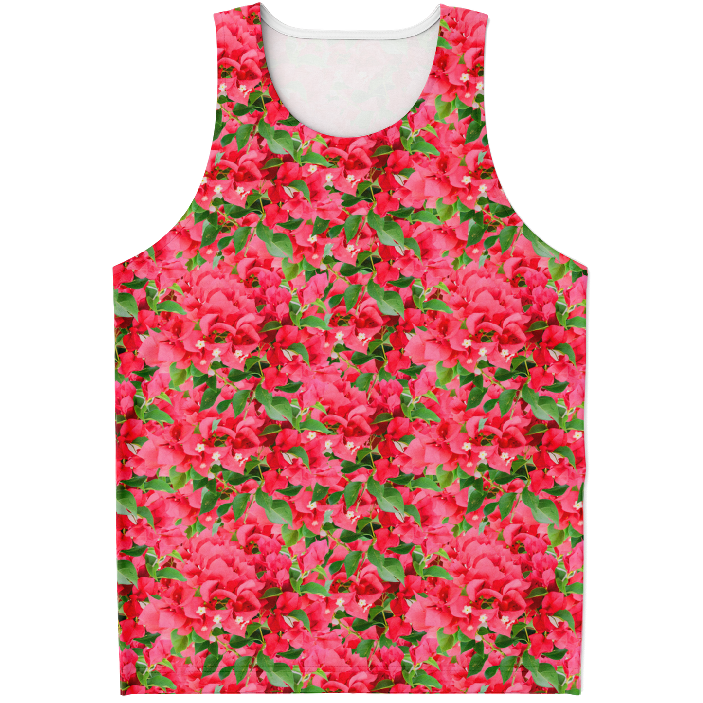 Flatlay front view of Tropical Bloom Tank Top featuring an all-over red floral print on lush green leaves