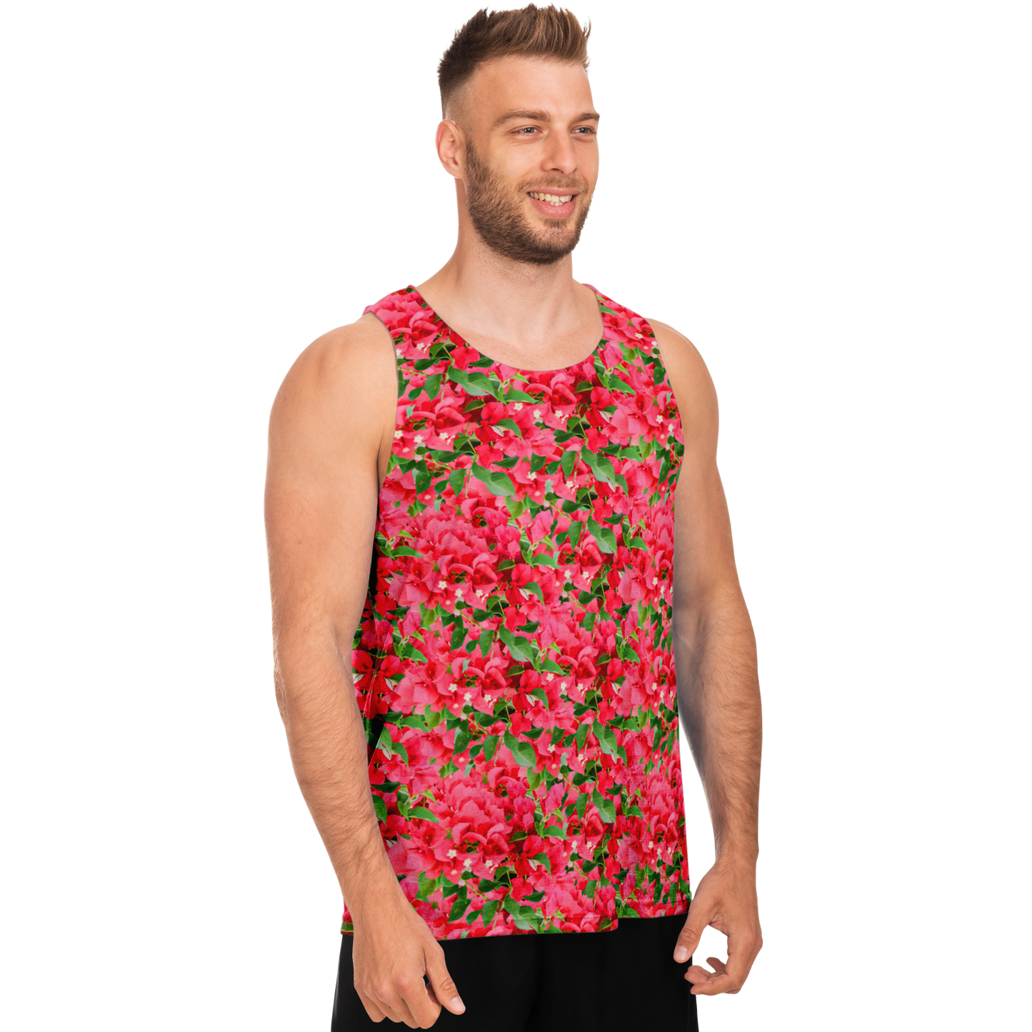 Angled side view of male model in bright floral-themed Tropical Bloom Tank Top