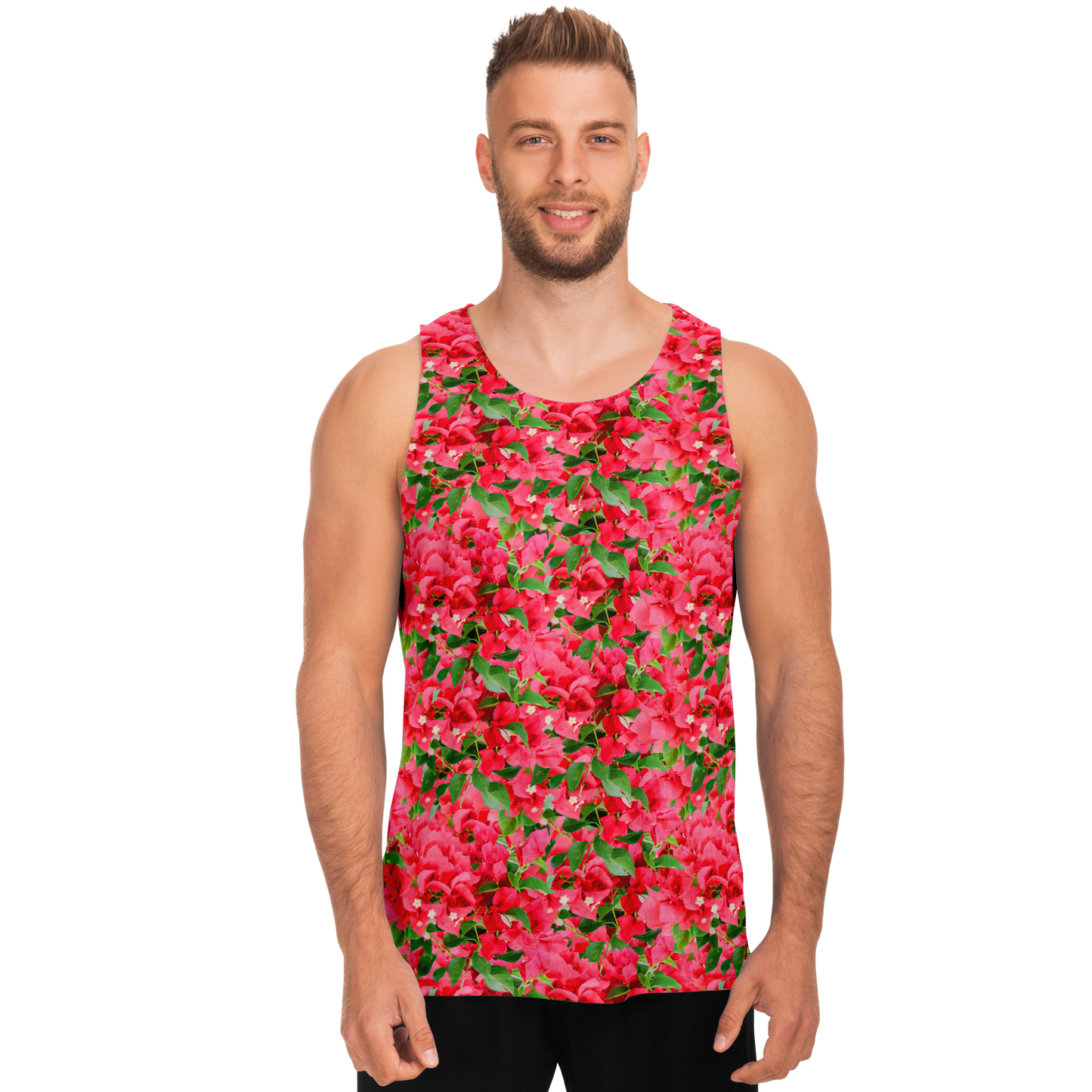 Male model front view in Tropical Bloom Tank Top with vibrant red flowers and green foliage