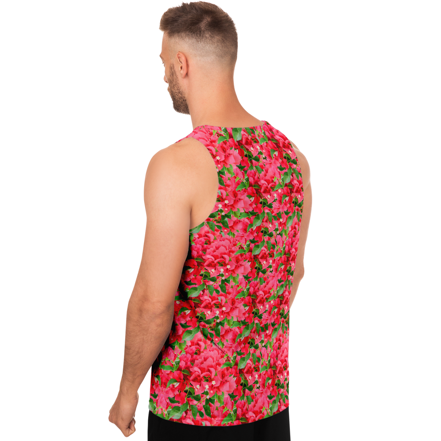 Side profile of man wearing Tropical Bloom Tank Top with detailed hibiscus flower design