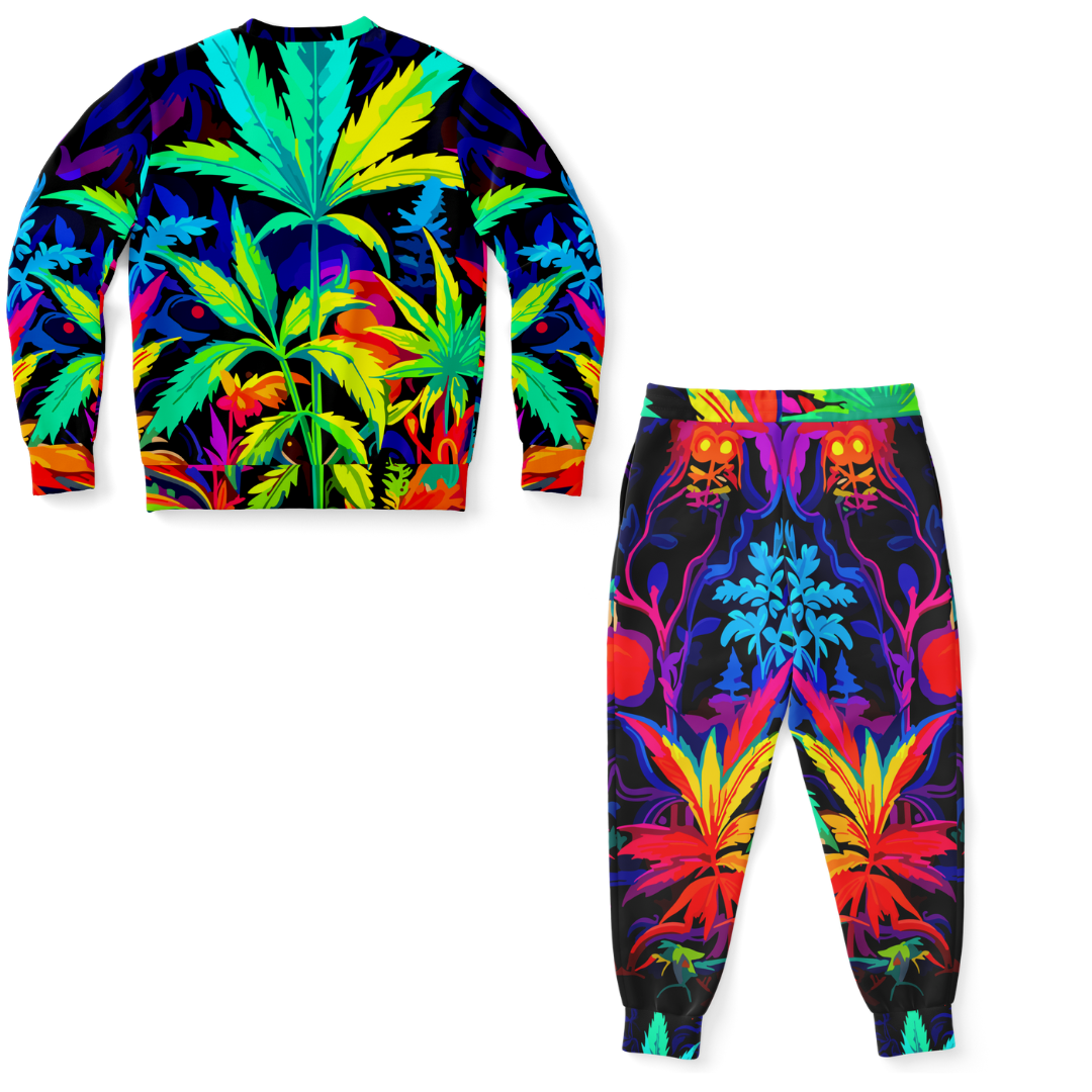Back view of Vibrant Leaf co-ord set featuring all-over tropical leaf design