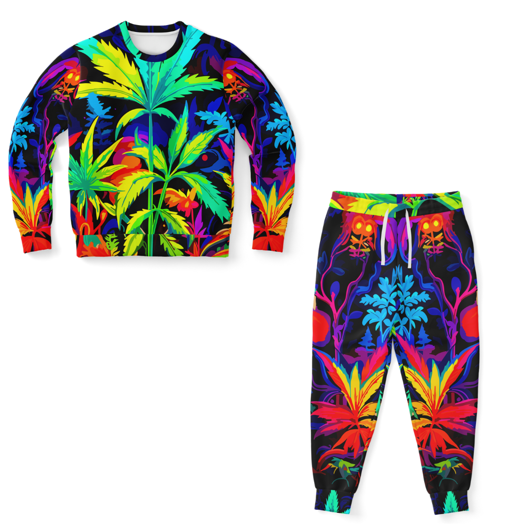 Front view of Vibrant Leaf co-ord set with colorful leaf-print sweatshirt and joggers