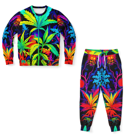 Front view of Vibrant Leaf co-ord set with colorful leaf-print sweatshirt and joggers