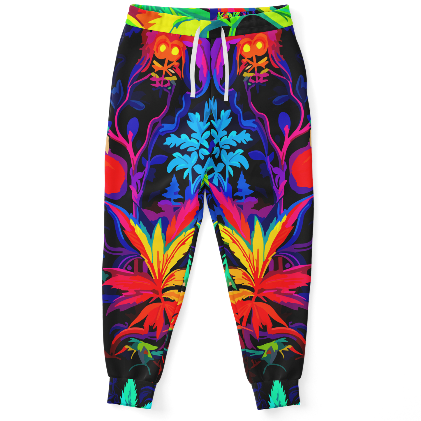 Front view of Vibrant Leaf joggers with matching tropical foliage print