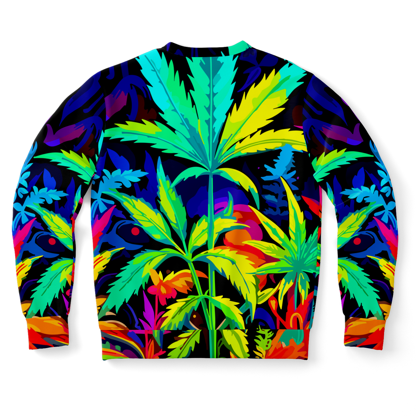Back of sweatshirt showing full coverage of vivid leaf print in red, green, and blue tones