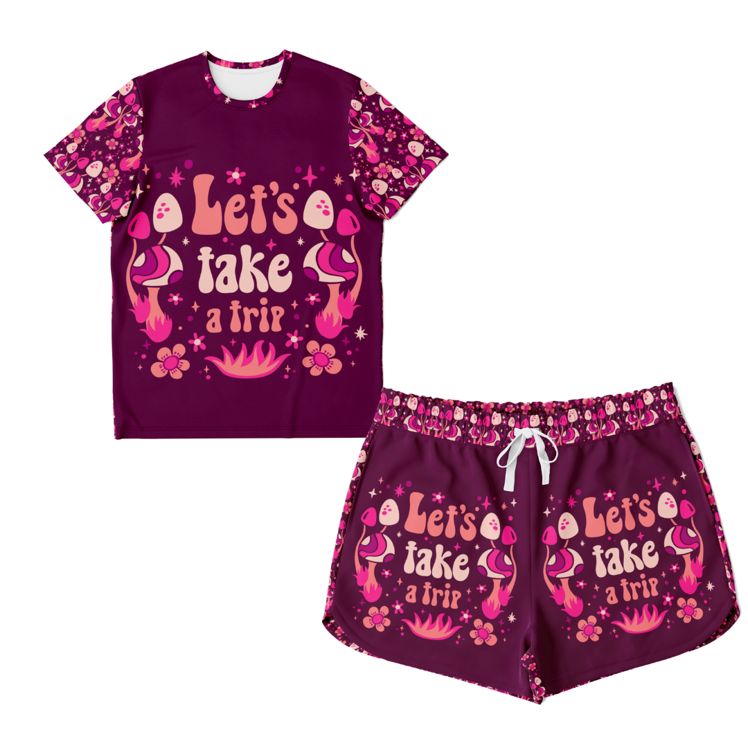 Front view of Wander Vibe co-ord set with graphic T-shirt and shorts laid flat