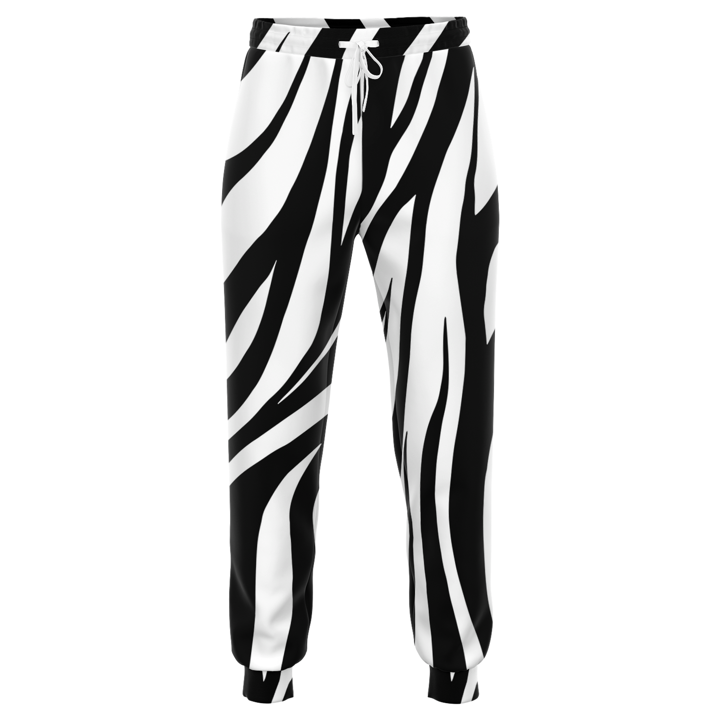 Zebra Print Joggers – Front view with bold black and white striped pattern