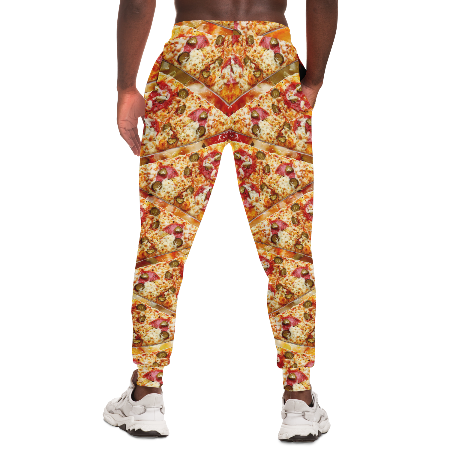 Cheesy Pizza Joggers for Men – Rear view highlighting the tapered legs and delicious print