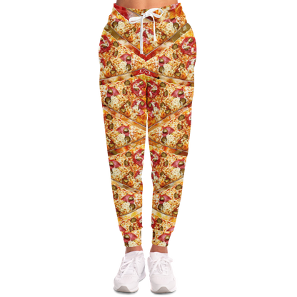 Cheesy Pizza Joggers for Women – Front view with vibrant pizza slices and sporty silhouette