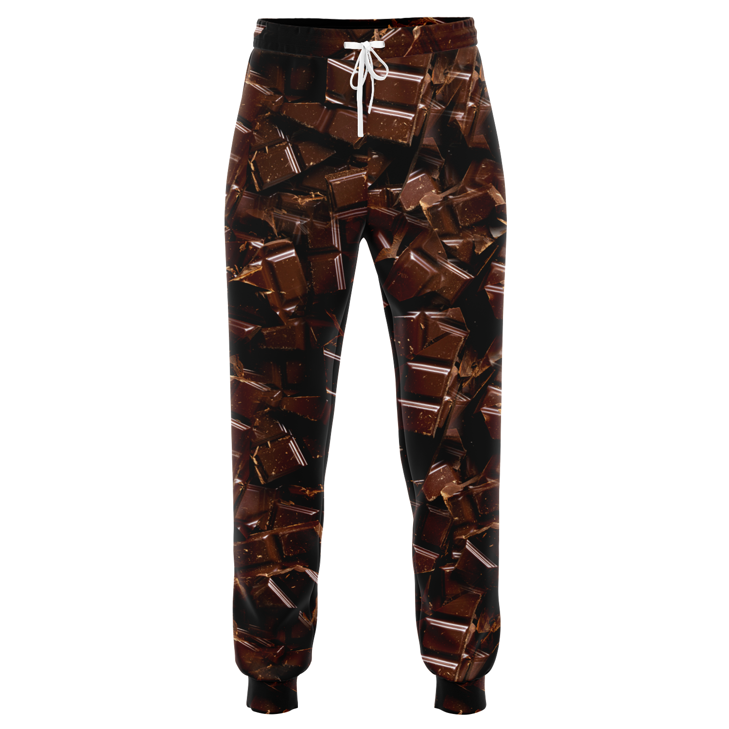 Chocolate Rush Joggers – Front flatlay  view displaying a rich, textured chocolate print with drawstring waistband