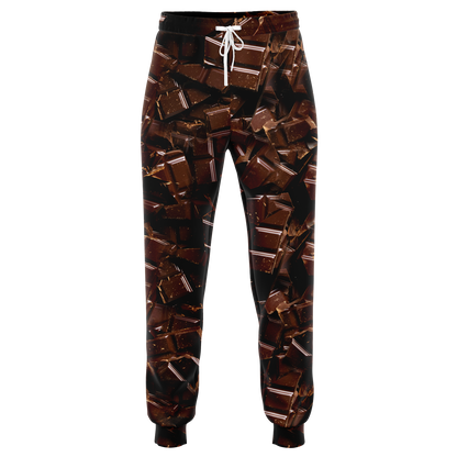 Chocolate Rush Joggers – Front flatlay  view displaying a rich, textured chocolate print with drawstring waistband