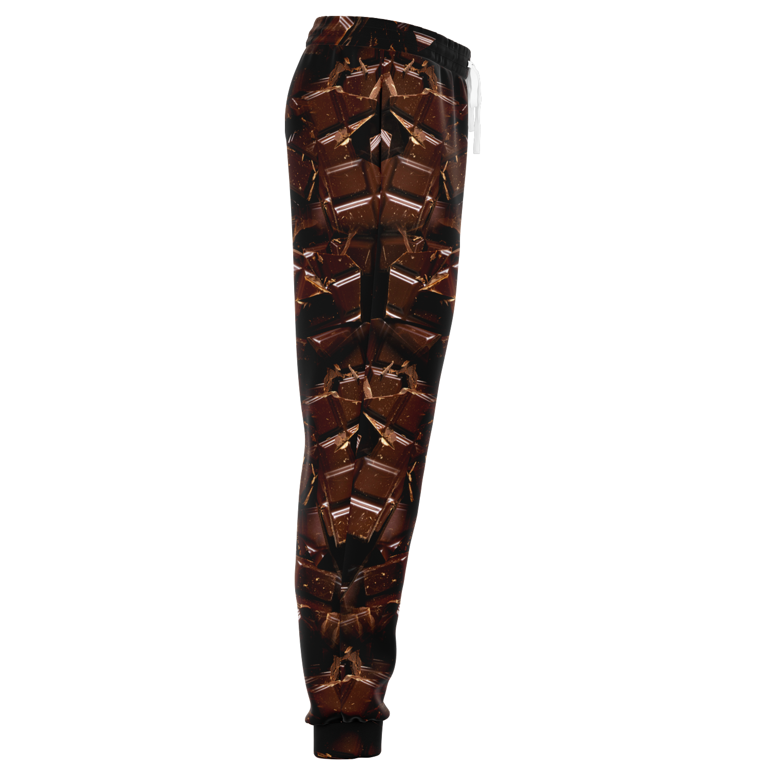 Chocolate Rush Joggers – Angled side view highlighting the symmetry and depth of the chocolate-themed print
