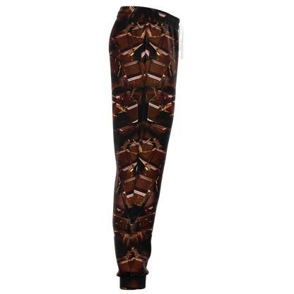 Chocolate Rush Joggers – Angled side view highlighting the symmetry and depth of the chocolate-themed print