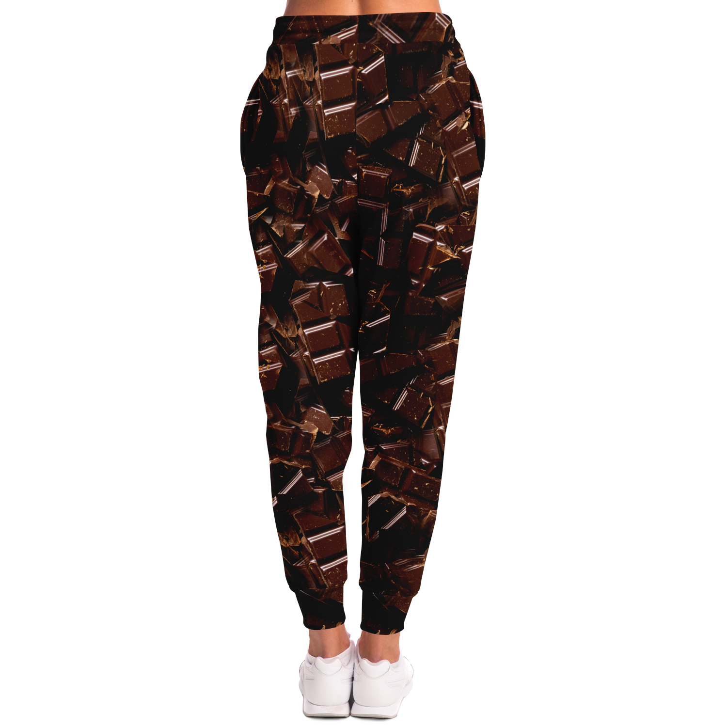 Chocolate Rush Joggers for Women – Back view emphasizing the fitted silhouette and cocoa pattern