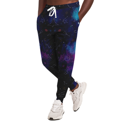 Cosmocharm Joggers for Men – Side view with zipper pocket and galaxy print in deep purple and blue tones