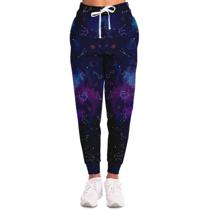 Cosmocharm Joggers for Women – Front view showcasing the cosmic galaxy print in purple and blue hues