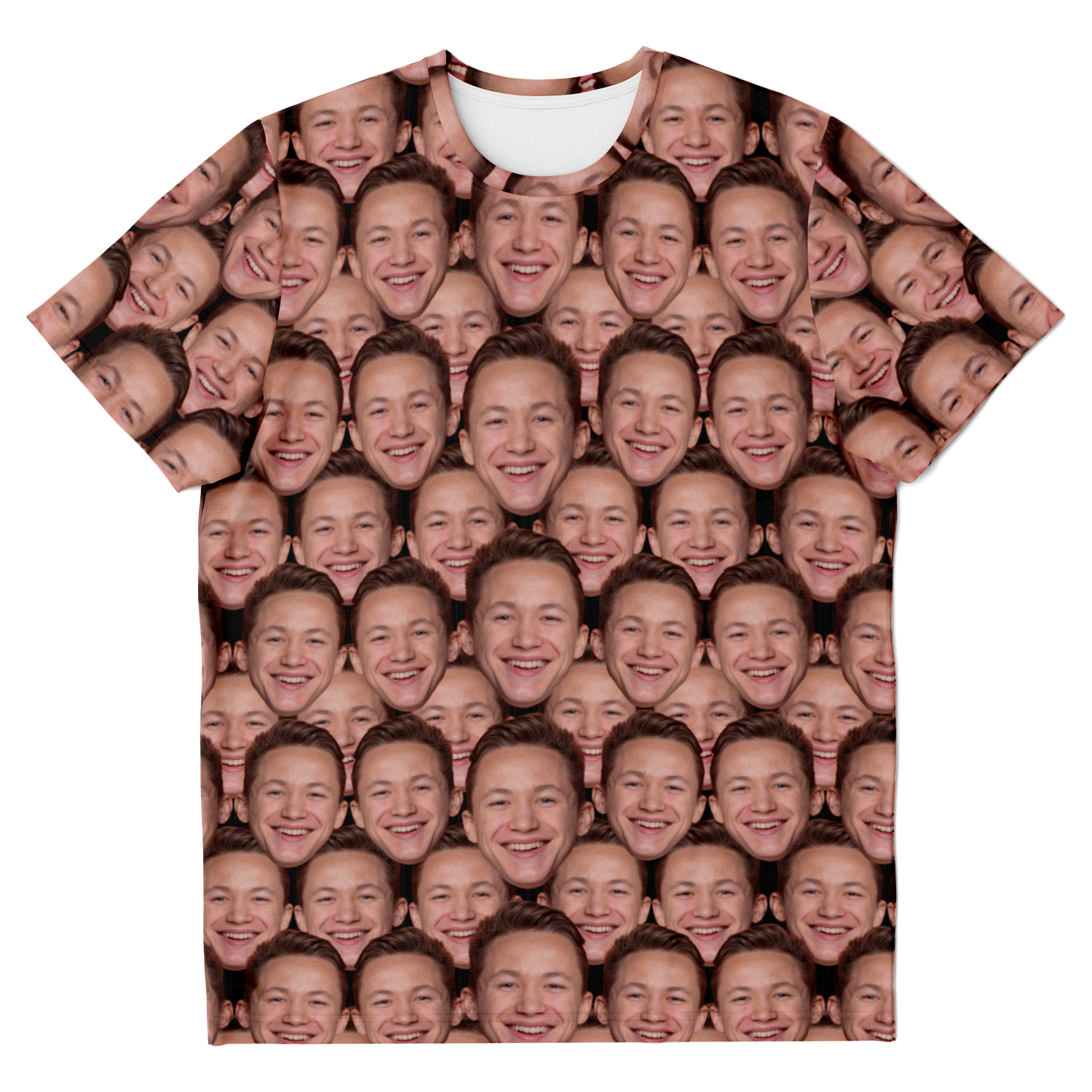 Custom face print t-shirt with repeated face pattern, front flat lay view