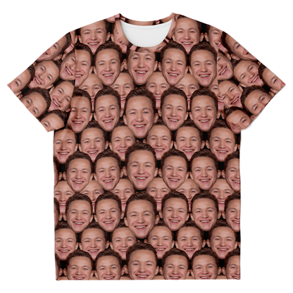Custom face print t-shirt with repeated face pattern, front flat lay view