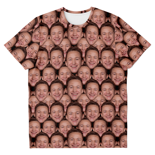 Custom face print t-shirt with repeated face pattern, front flat lay view