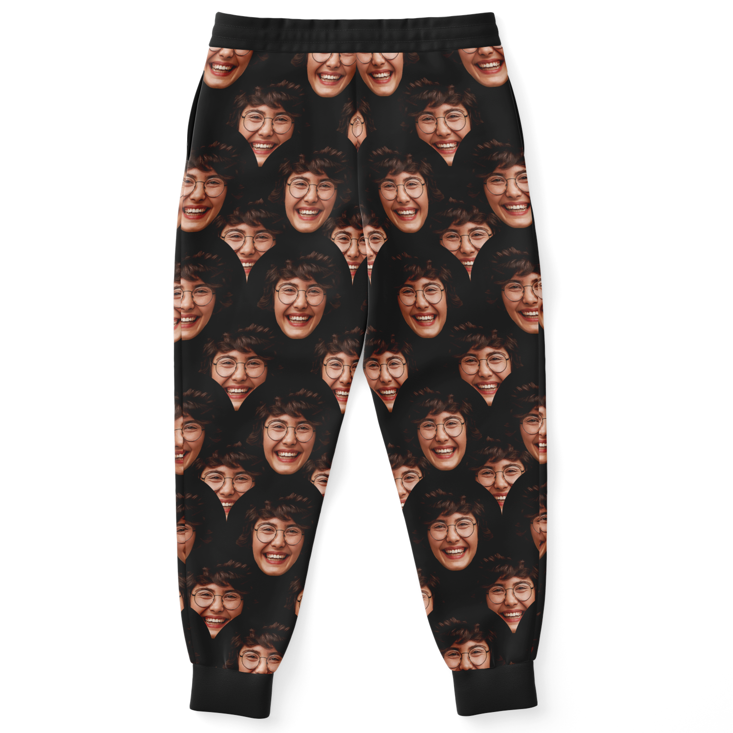 Custom Joggers – Back view showcasing fully customizable face or personal artwork pattern