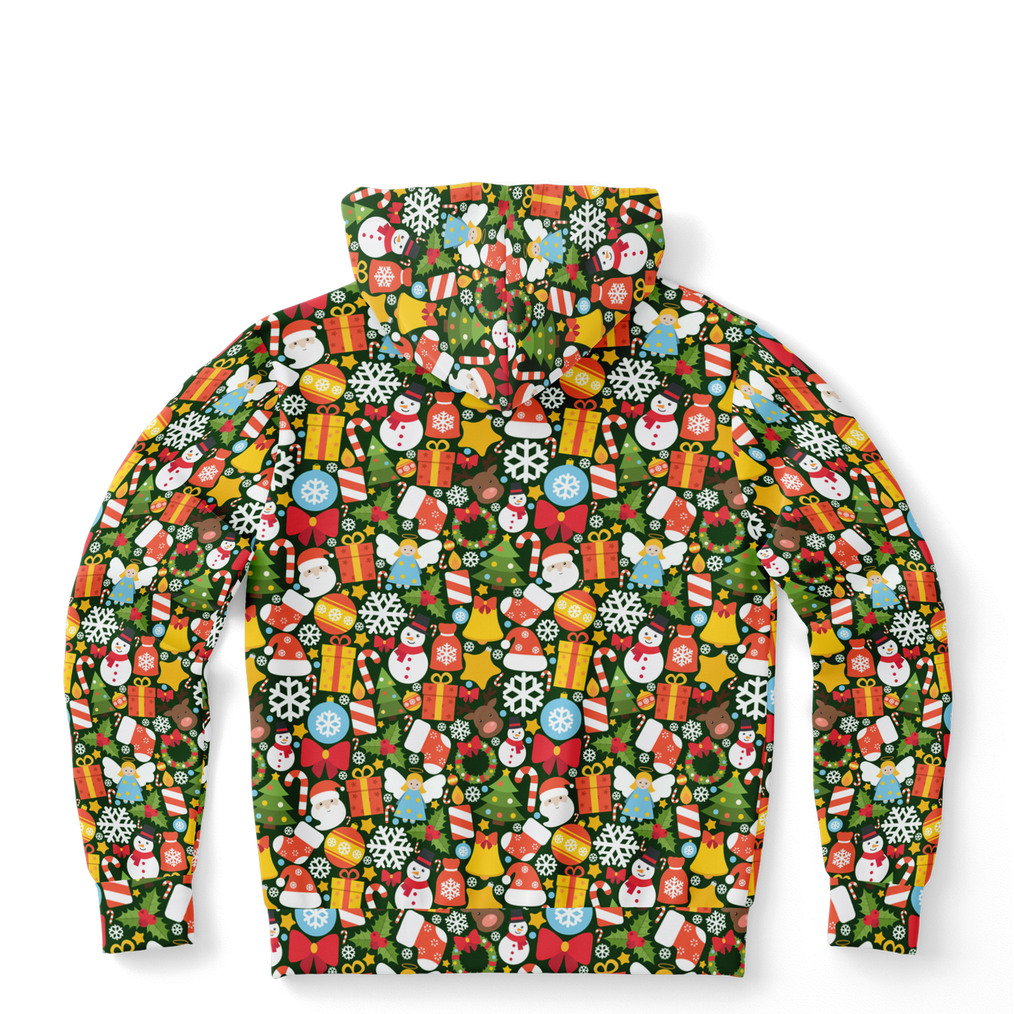 Back view of Christmas Charm Hoodie showcasing colorful Christmas pattern