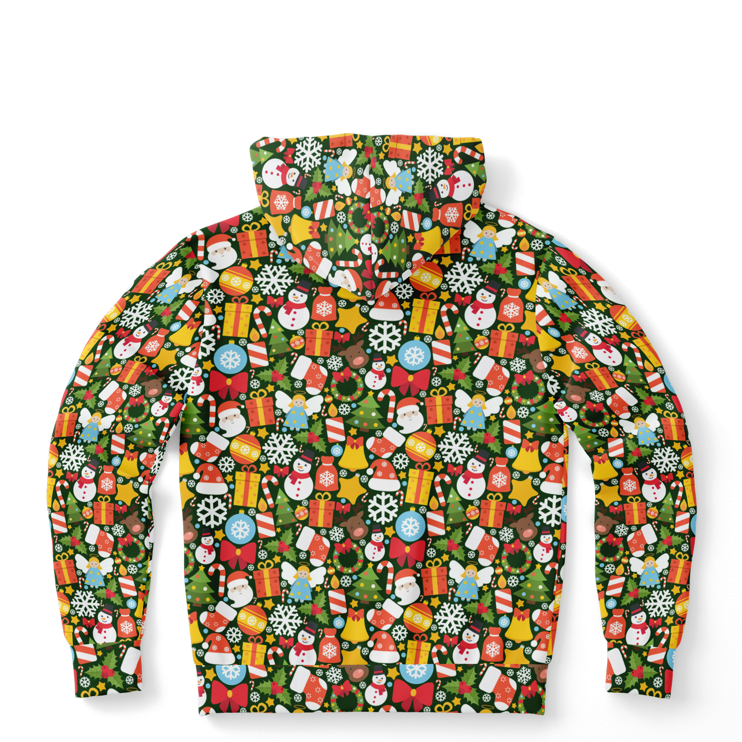 Back view of Christmas Charm Hoodie showcasing colorful Christmas pattern