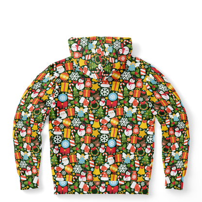 Back view of Christmas Charm Hoodie showcasing colorful Christmas pattern