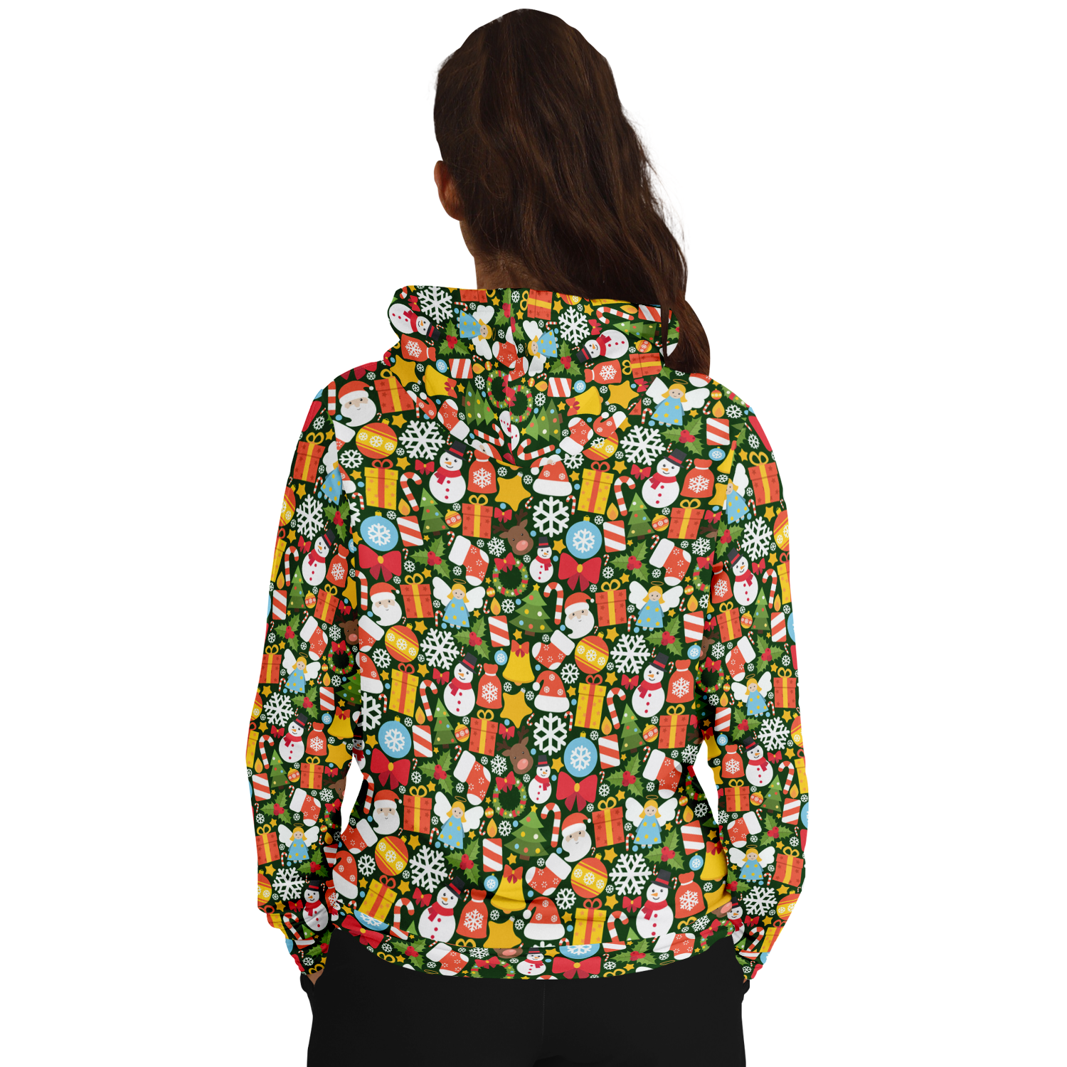Female model wearing Christmas Charm Hoodie, back view