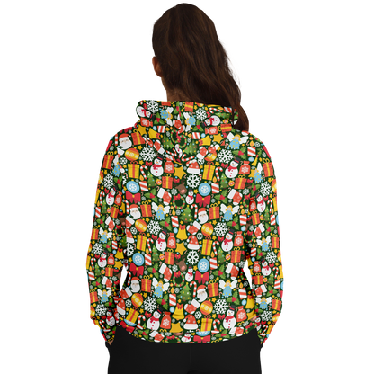Female model wearing Christmas Charm Hoodie, back view