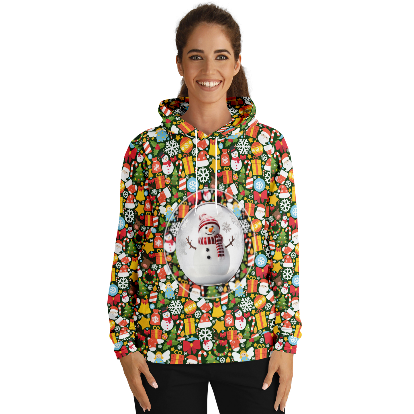 Female model wearing Christmas Charm Hoodie, front view