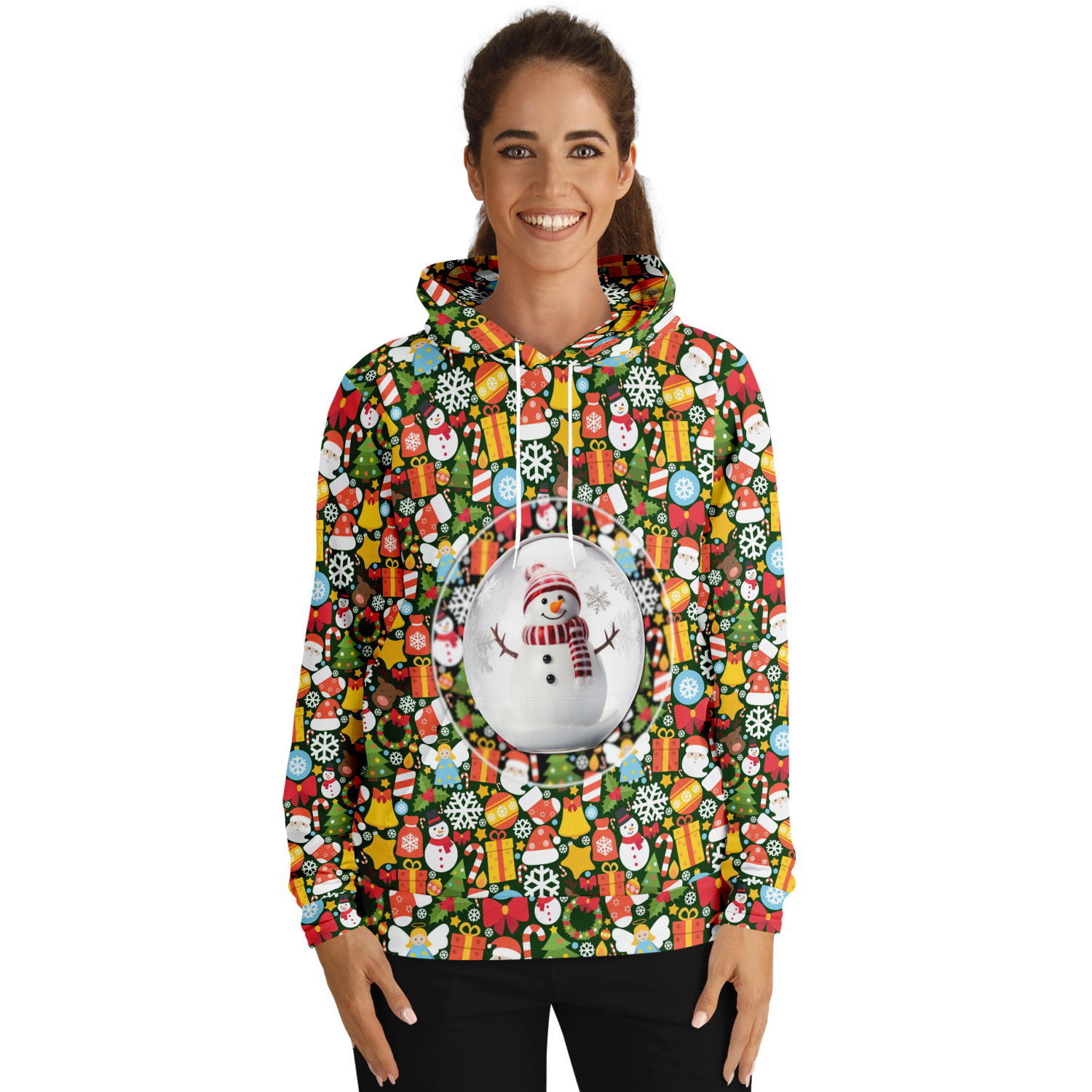 Female model wearing Christmas Charm Hoodie, front view