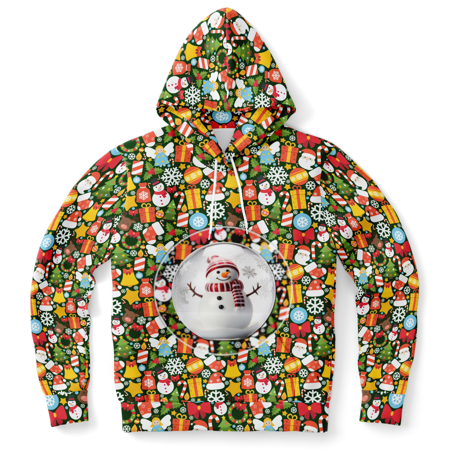 Front view of Christmas Charm Hoodie with festive all-over print and Santa gift design