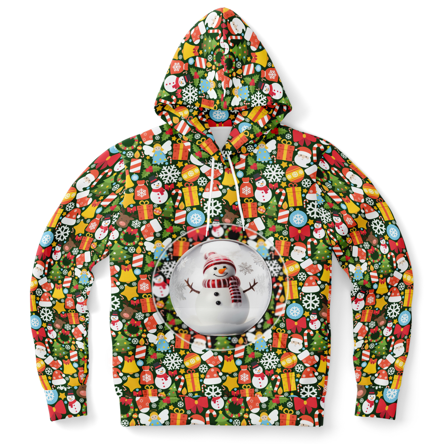 Front view of Christmas Charm Hoodie with festive all-over print and Santa gift design