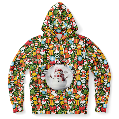 Front view of Christmas Charm Hoodie with festive all-over print and Santa gift design