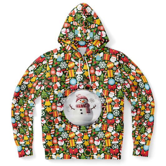 Front view of Christmas Charm Hoodie with festive all-over print and Santa gift design