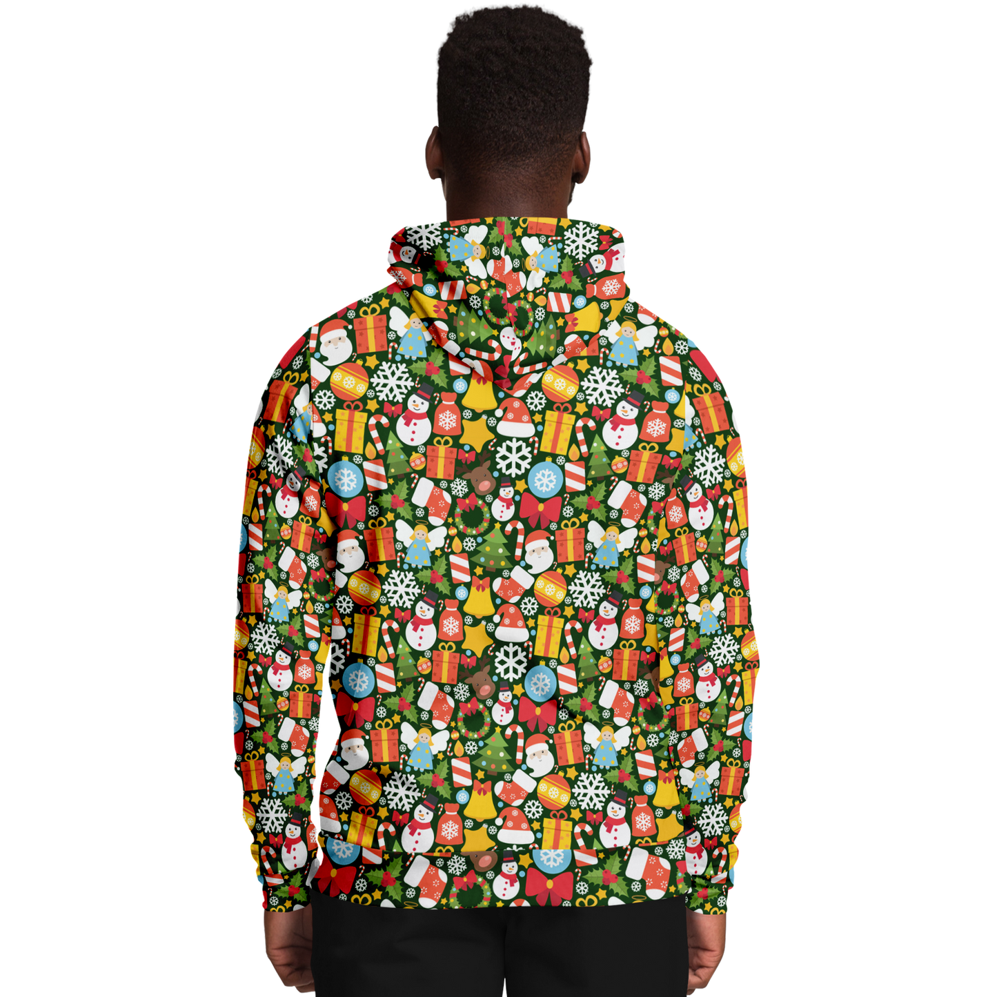 Male model wearing Christmas Charm Hoodie, back view