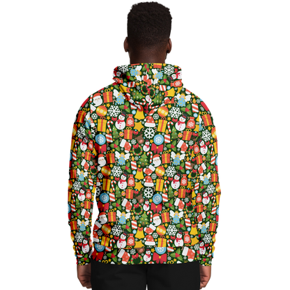 Male model wearing Christmas Charm Hoodie, back view
