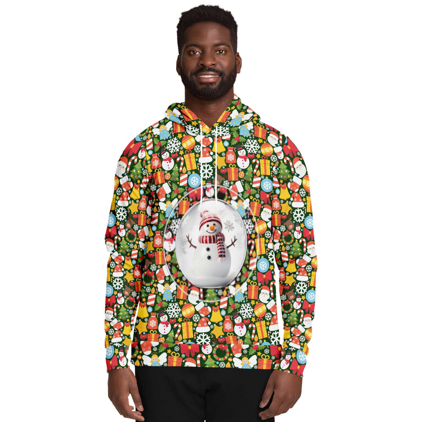 Male model wearing Christmas Charm Hoodie, front view