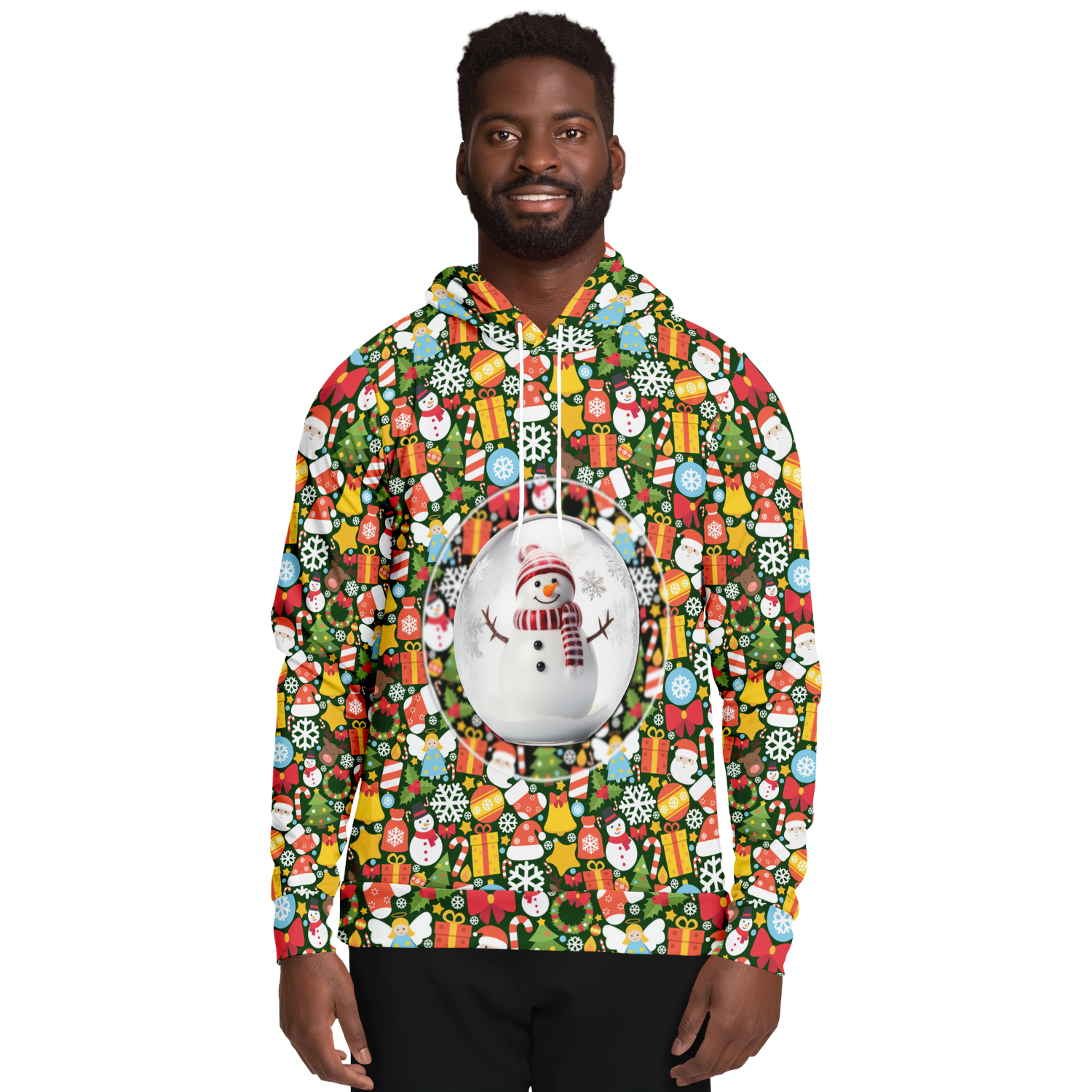 Male model wearing Christmas Charm Hoodie, front view