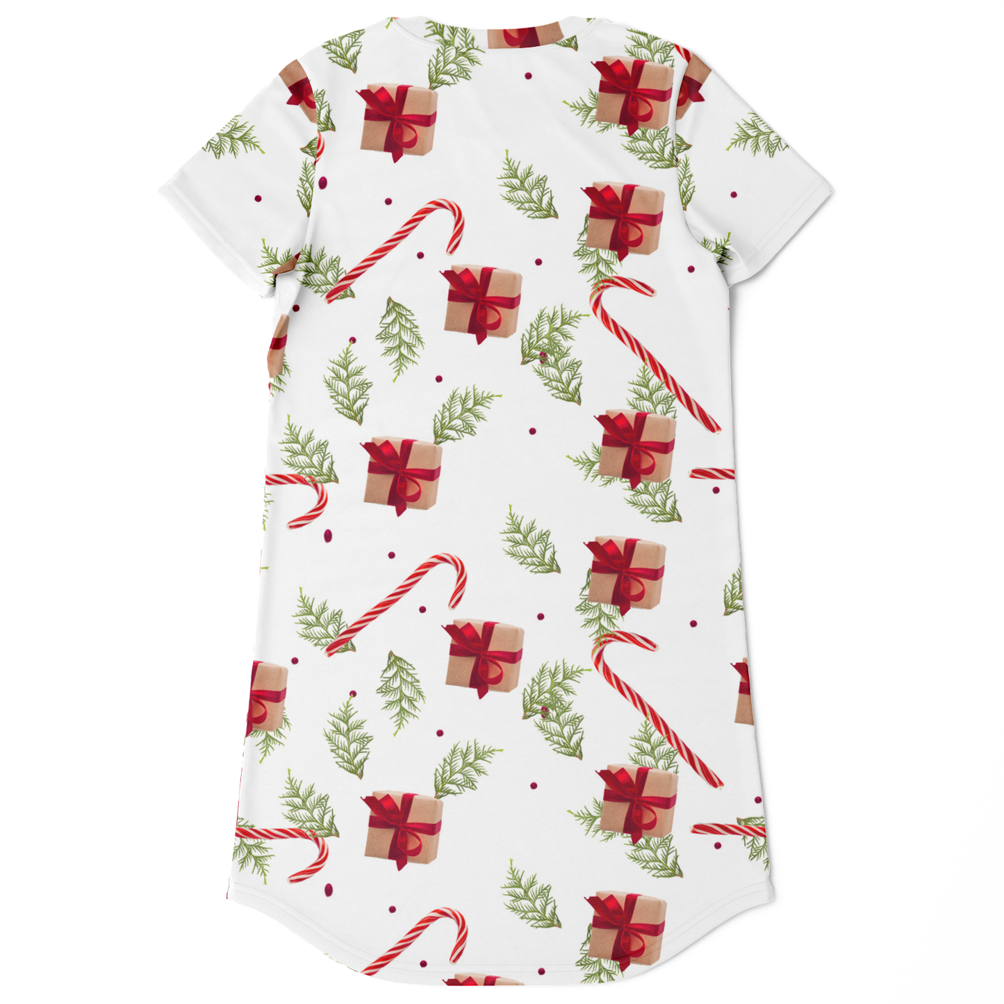 Back view of Christmas Cheer T-Shirt Dress with holiday design