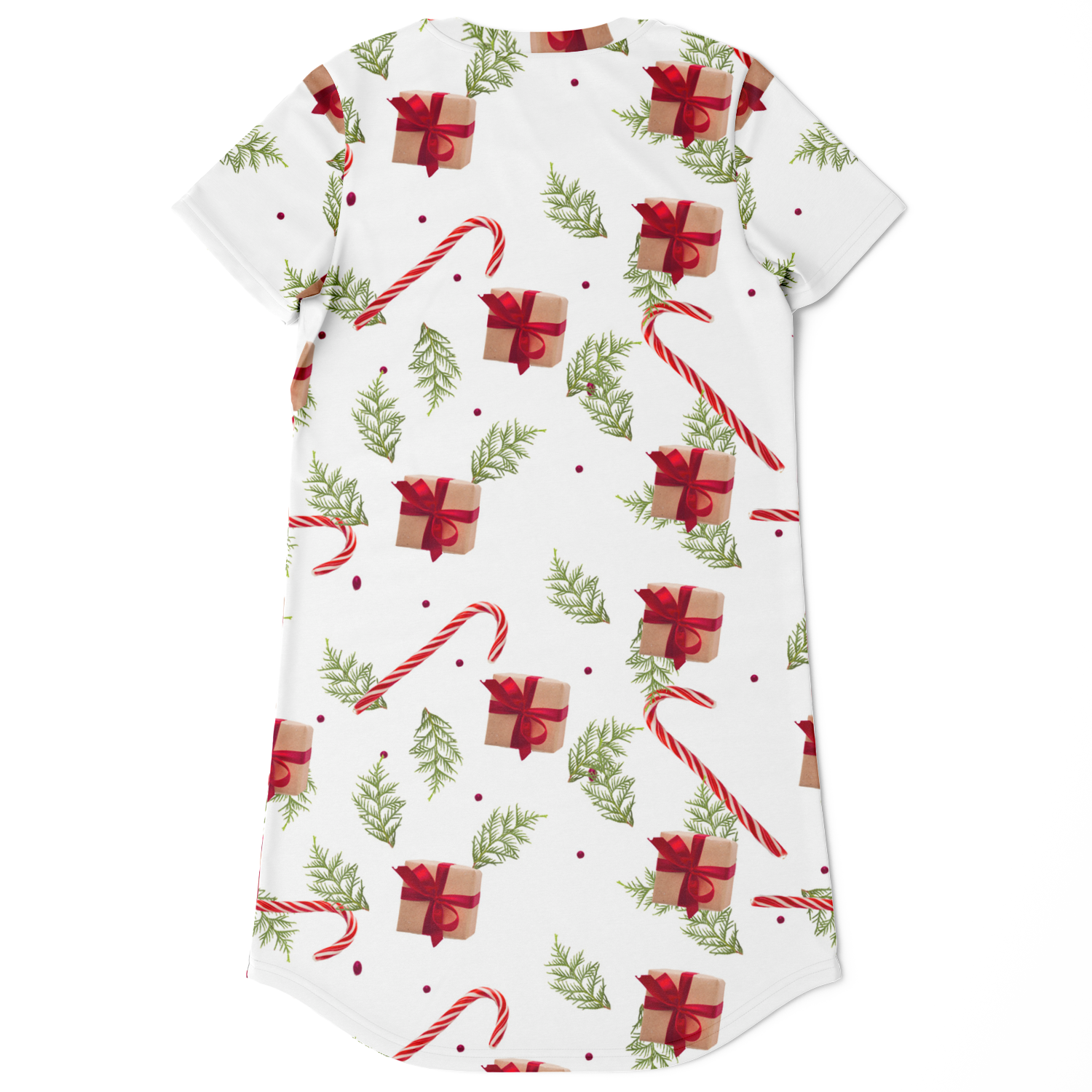 Back view of Christmas Cheer T-Shirt Dress with holiday design