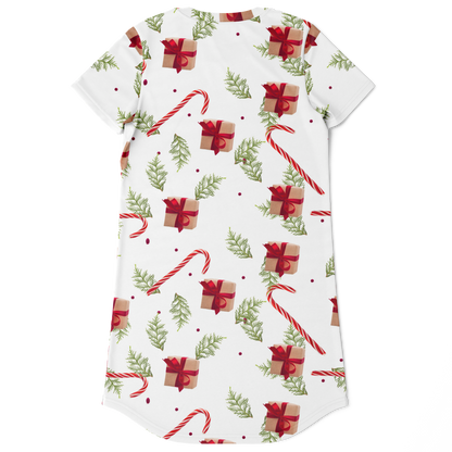 Back view of Christmas Cheer T-Shirt Dress with holiday design