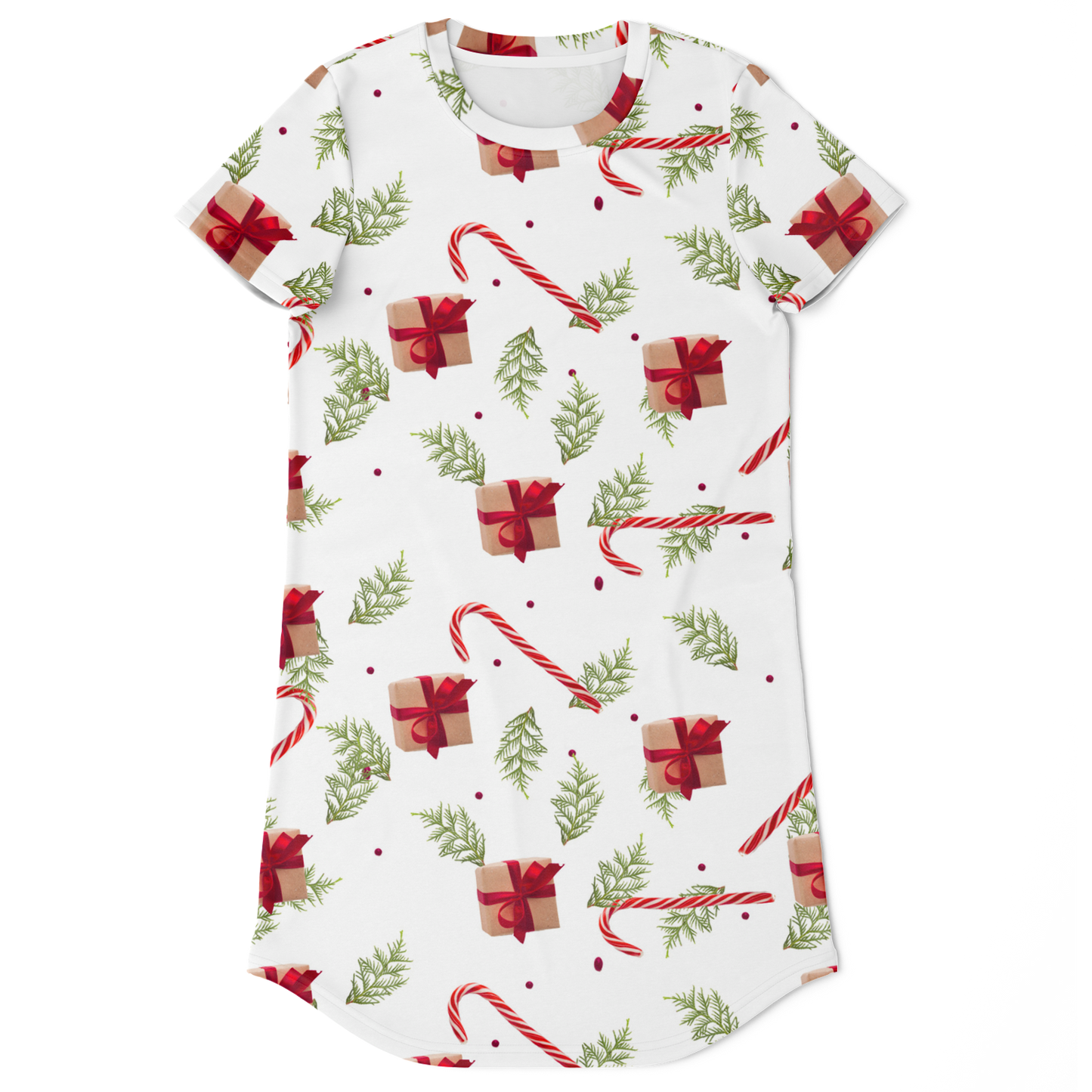 Front view of Christmas Cheer T-Shirt Dress with festive holiday print
