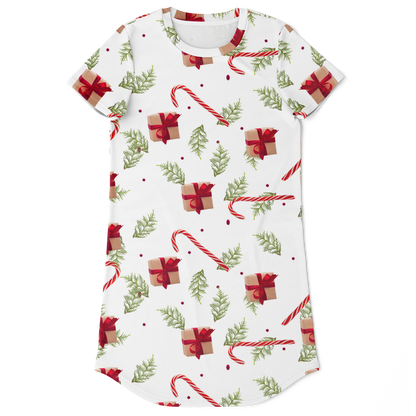 Front view of Christmas Cheer T-Shirt Dress with festive holiday print
