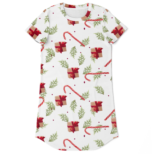 Front view of Christmas Cheer T-Shirt Dress with festive holiday print