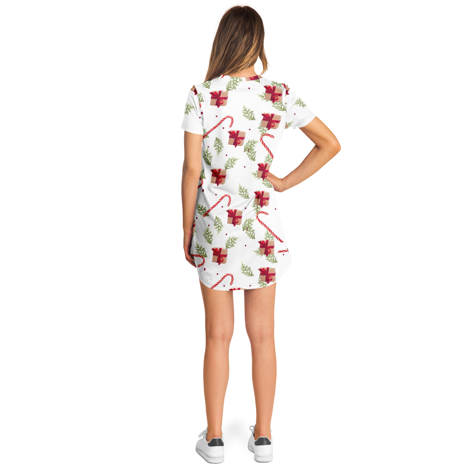 Female model wearing Christmas Cheer T-Shirt Dress, back pose