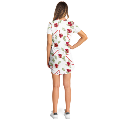 Female model wearing Christmas Cheer T-Shirt Dress, back pose
