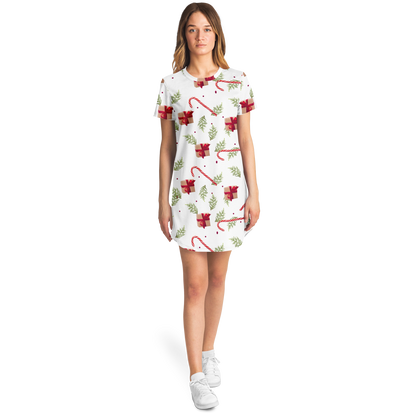 Female model wearing Christmas Cheer T-Shirt Dress, front pose